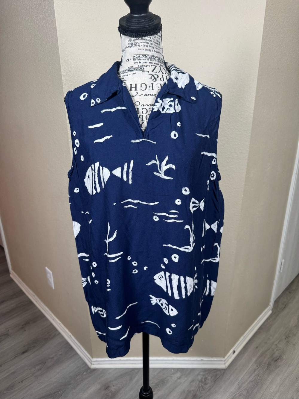 Navy Fish-Print Sleeveless Tank Top
